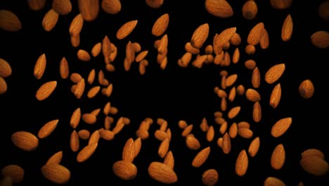 flying many almonds nuts on black background. foodstuff, healthy food, diet. 3d animation of almond rotating. loop animation.