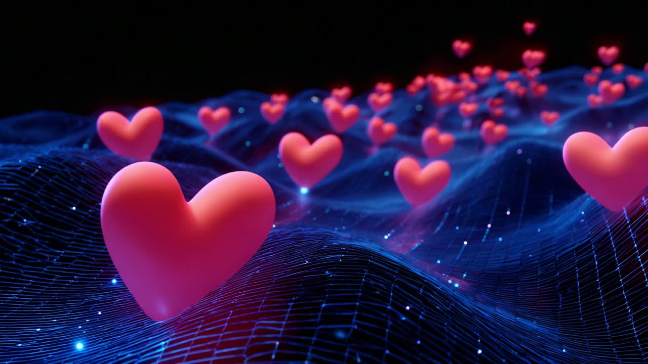 A Vibrant Display of Digital Love: Animated Pink Hearts Flowing Across Blue Wavy Patterns in a Mesmerizing and Colorful 3D Environment, Symbolizing Affection and Connection in a Virtual Realm