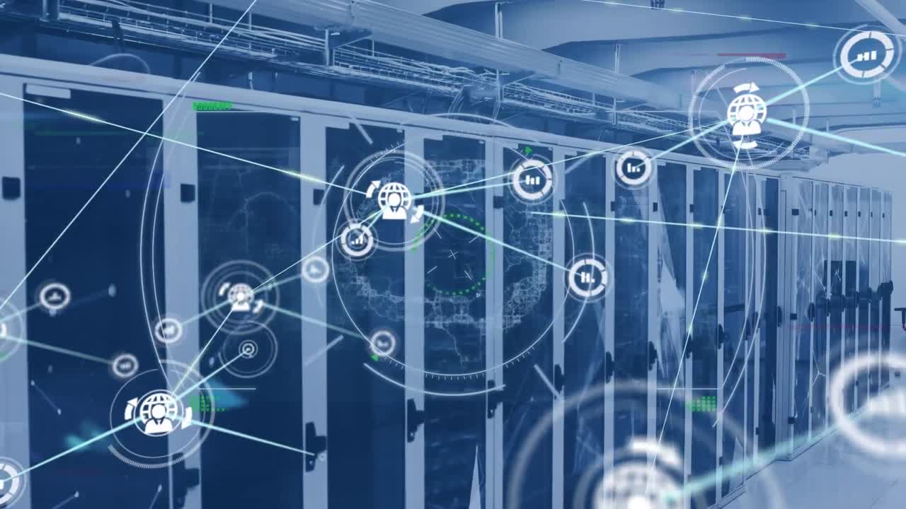 Animation of networks of connections with icons over computer servers