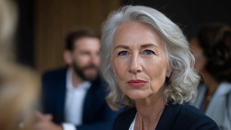 Woman listens intently at a formal gathering. Her expression shows focus and quiet determination. Background figures blur, emphasizing her presence. Ideal for corporate, leadership