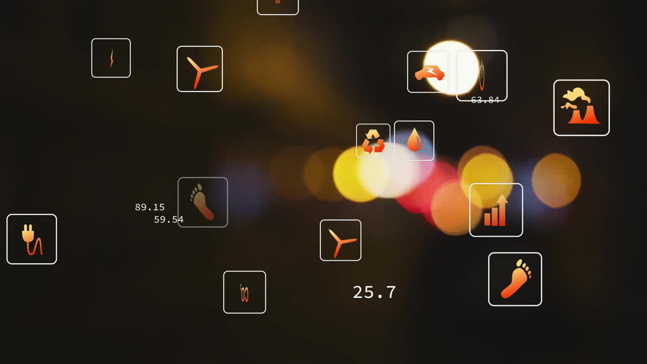 Animation of eco icons data processing over out of focus city lights