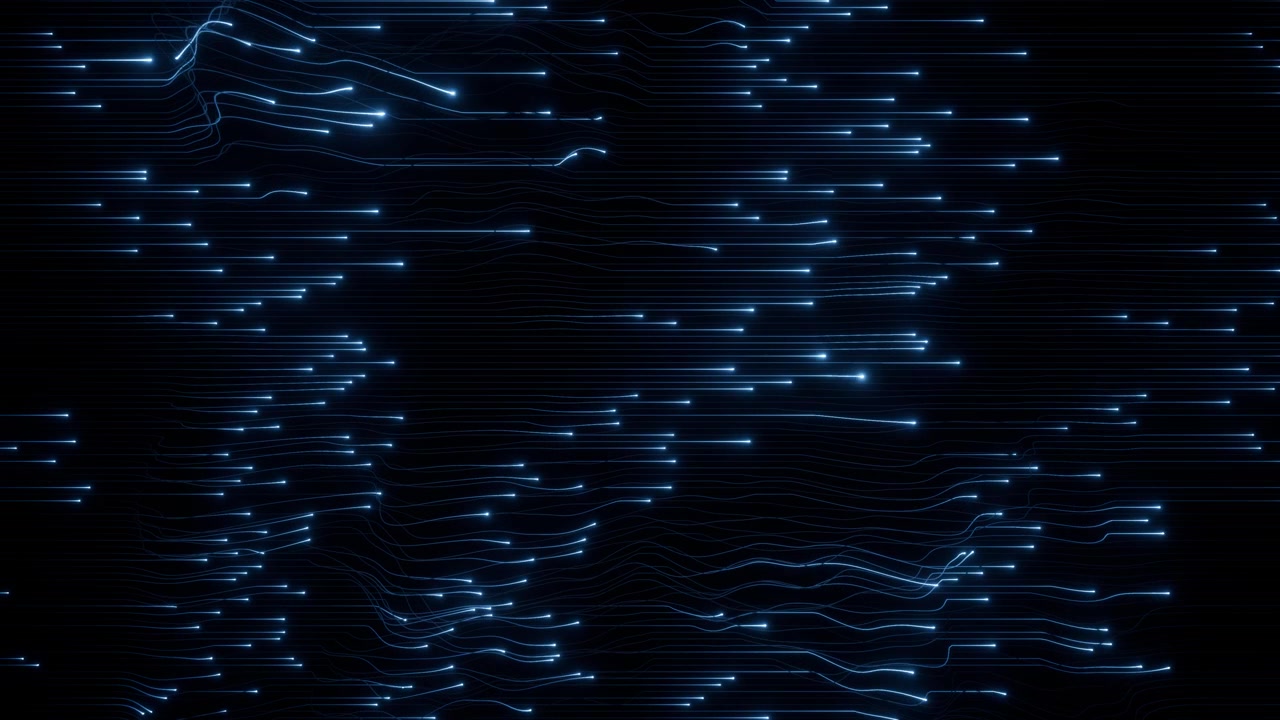Abstract digital network of glowing blue light trails and particles