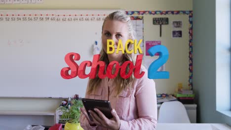 Animation-of-back-to-school-over-happy-caucasian-female-teacher-with-tablet