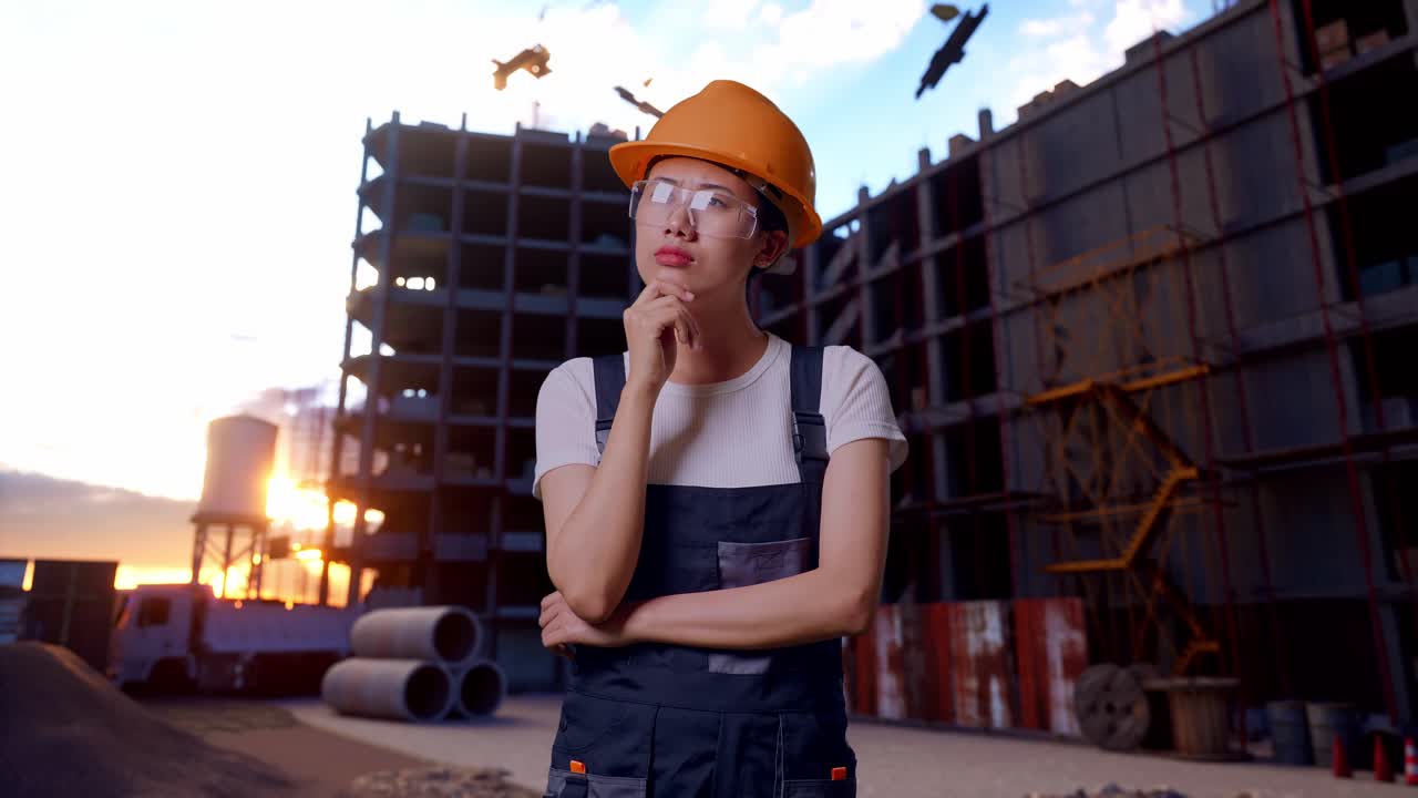 Asian Woman Worker Wearing Goggles And Safety Helmet Thinking About Something And Looking Around While Standing At Construction Site