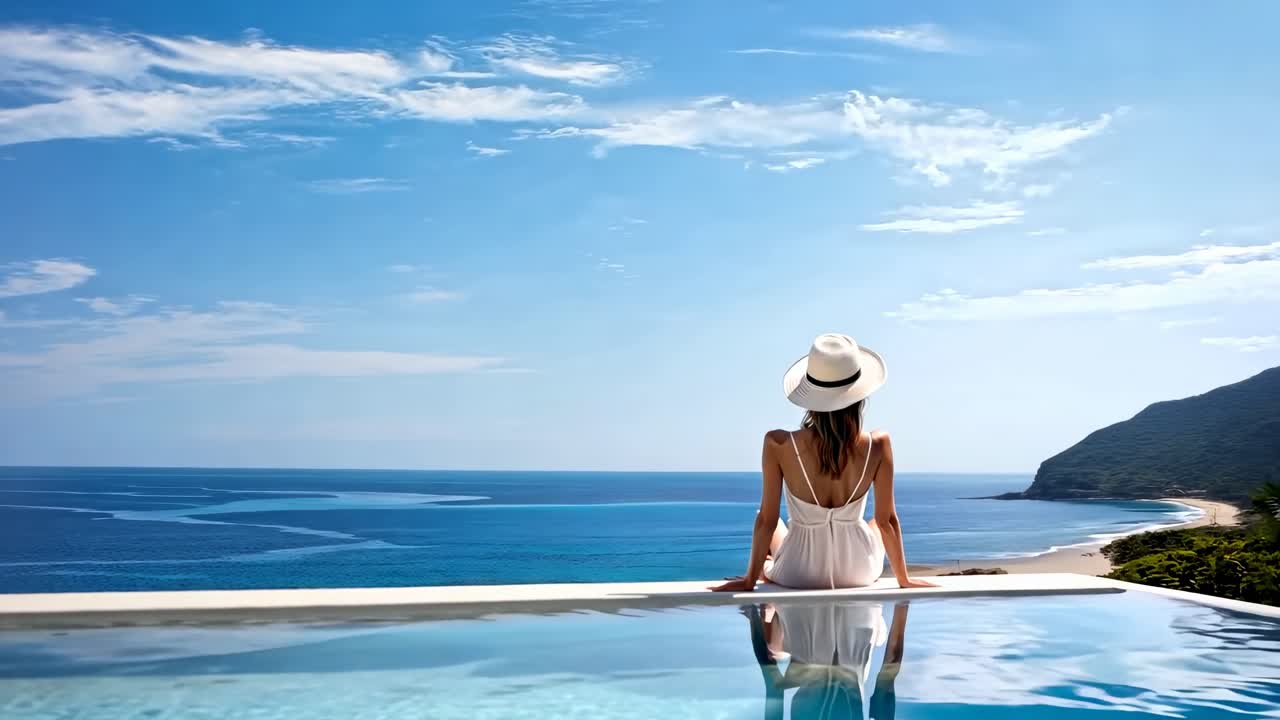 A serene video scene of a woman in a white dress and hat, sitting by an infinity pool