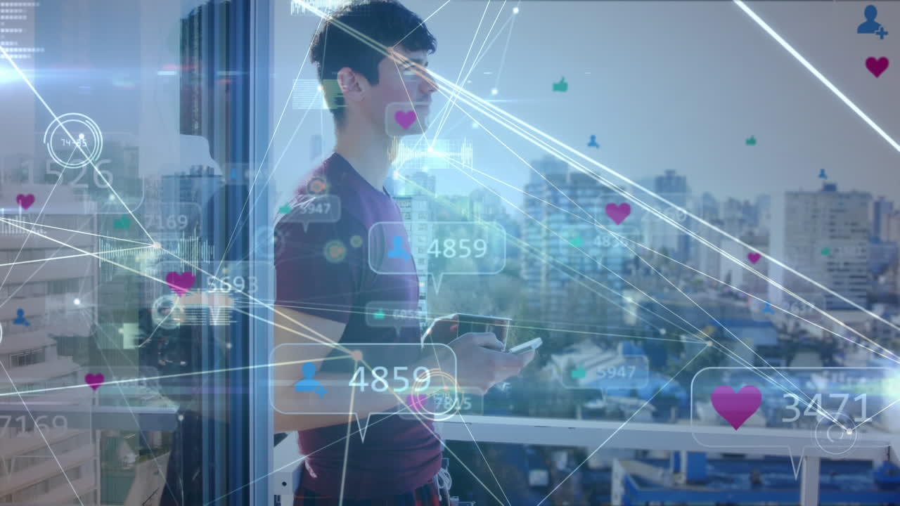 발코니에서 스마트폰을 사용하는 백인 남성과의 연결 네트워크의 애니메이션