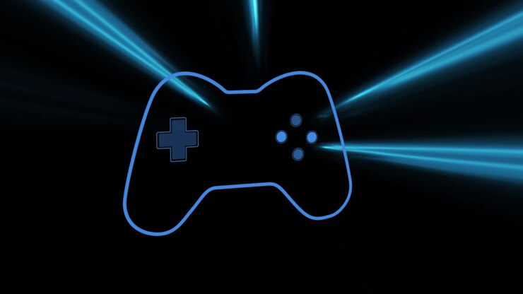 Animation of video game pad with neon light trails on black background