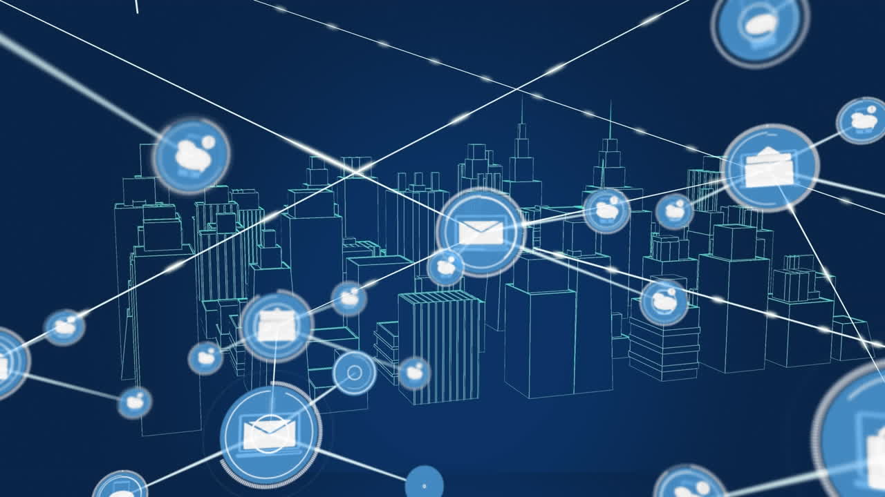 Animation of network of digital icons over spinning 3d city model against blue background