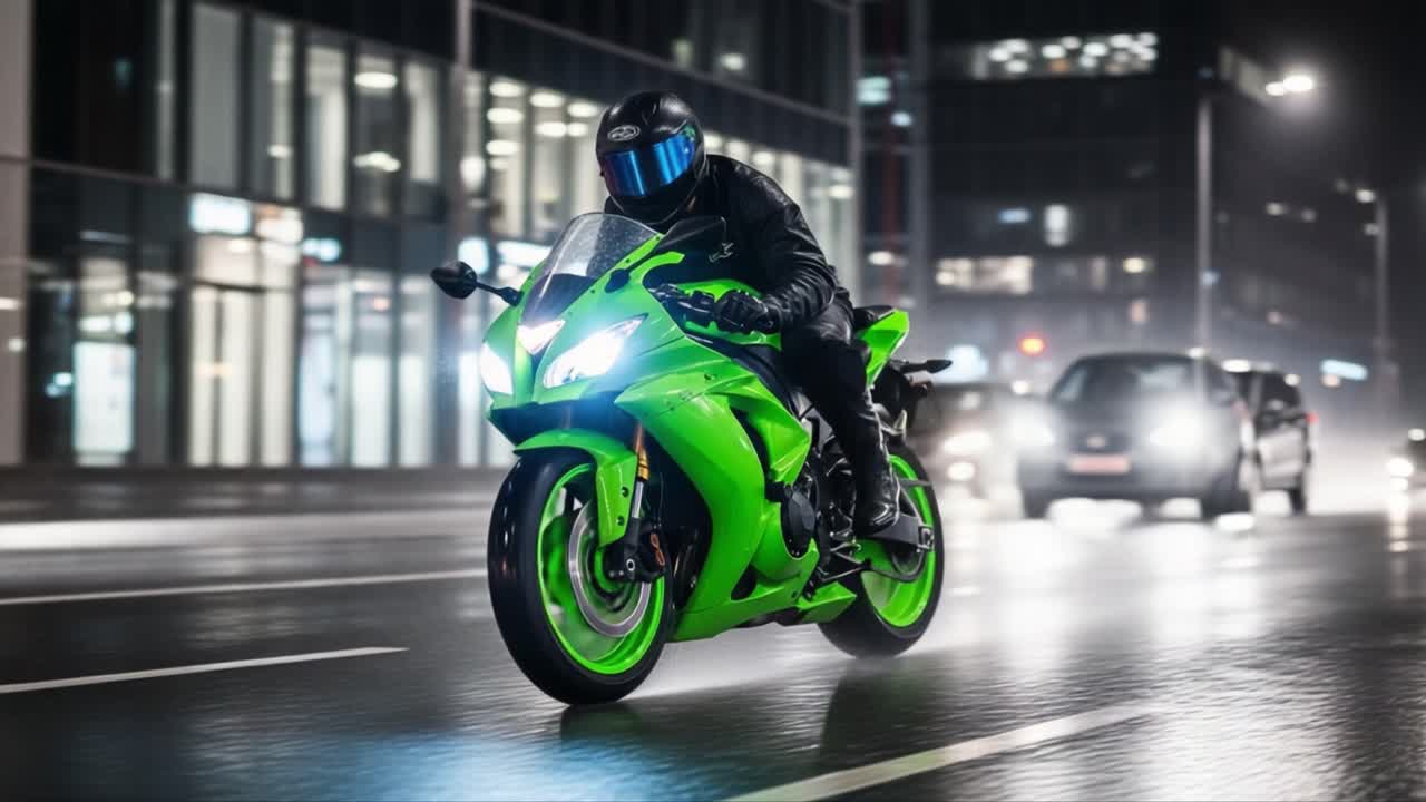 Dynamic Night Ride: Captivating Scenes of a Green Sports Motorcycle Navigating a Rain-soaked Urban Landscape Illuminated by City Lights