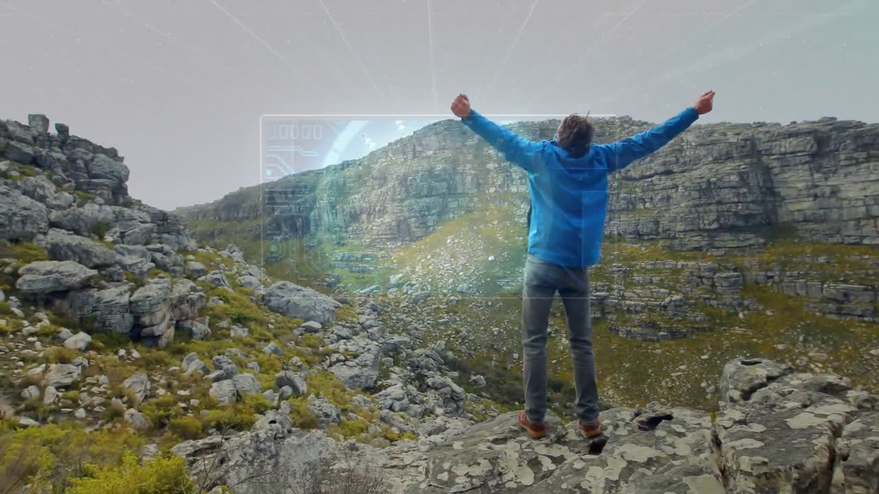 animación de escaneo de alcance y procesamiento de datos sobre el hombre en las montañas