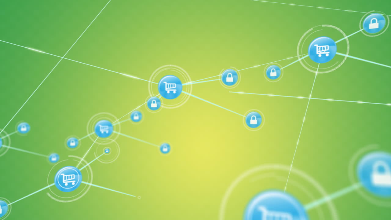 iconas de carrito de compras y bloqueo conectadas por líneas, animación de seguridad de red