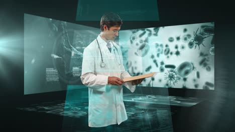 animation of data processing over caucasian male doctor with clipboard