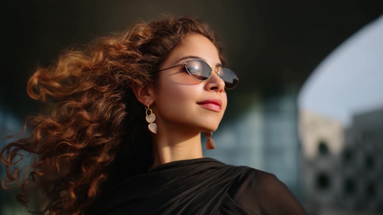 Donna elegante con capelli ricci e occhiali da sole posa con sicurezza all'aperto, mettendo in mostra il suo stile e la sua bellezza contro un suggestivo sfondo architettonico moderno.