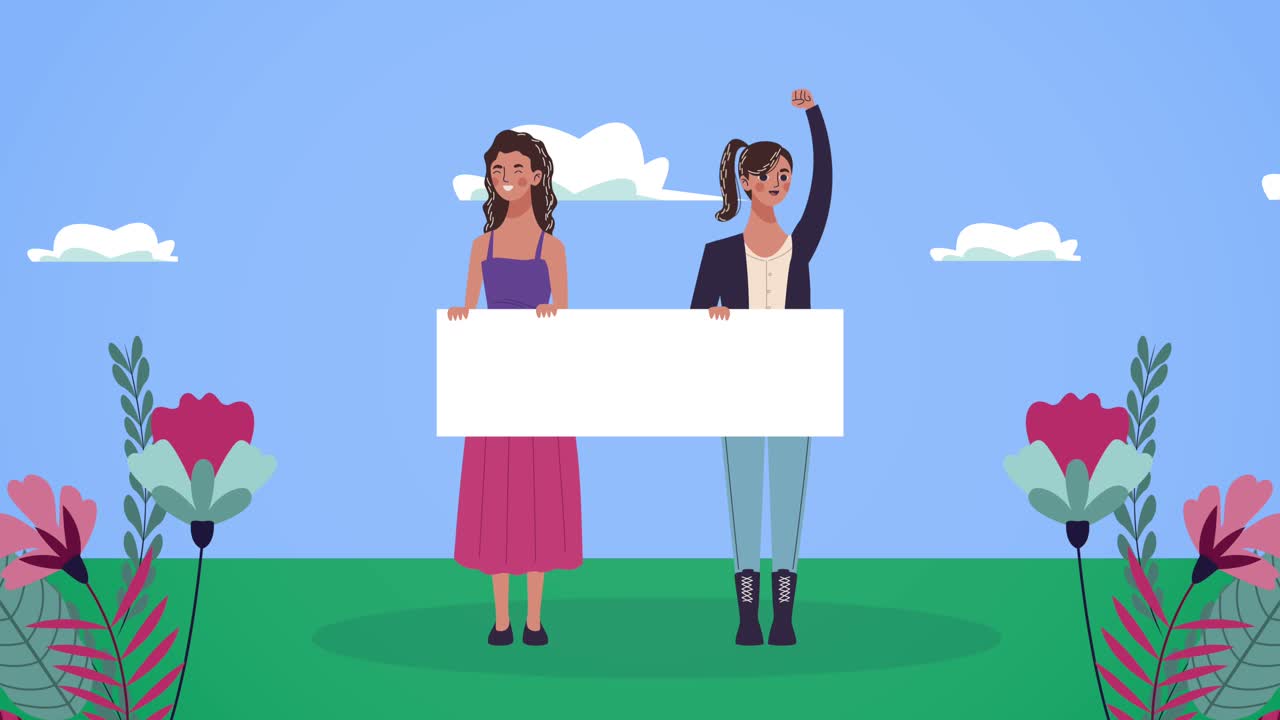 정원에서 배너를 들어 올리는 소녀들과 함께 행복한 여성의 날 카드