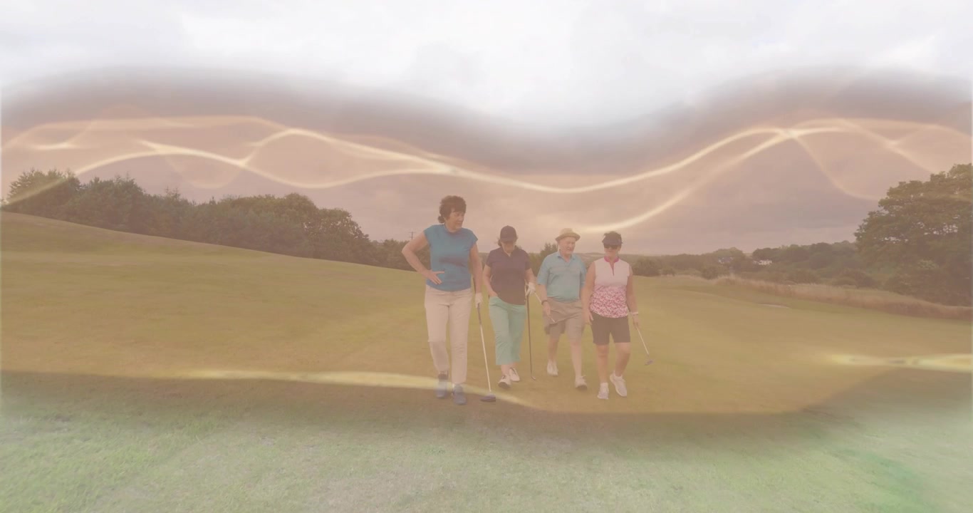 Sports golfers walking toward lens for next hole, initiating golden wave overlay sweeping fairway