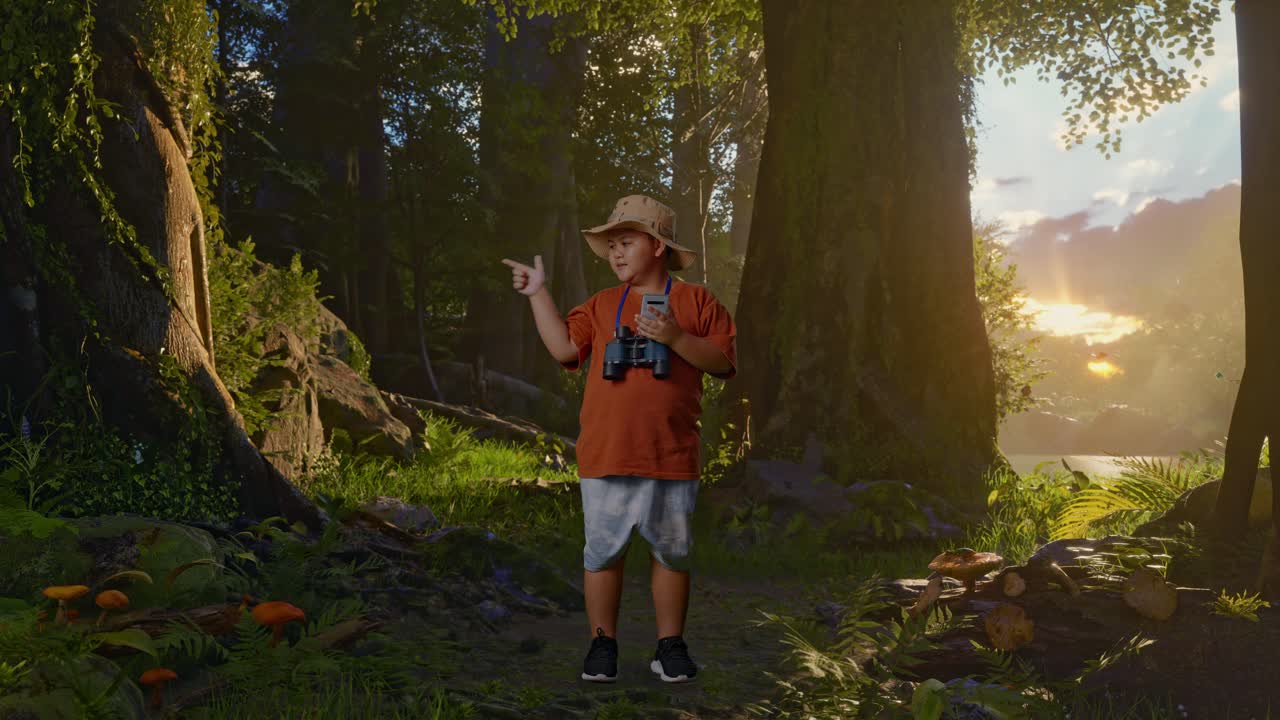 niño asiático con un sombrero y binoculares mirando su teléfono inteligente luego sonriendo y señalando a un lado mientras explora la naturaleza del bosque. niño investigador examina algo, aventura de viaje, cuerpo completo