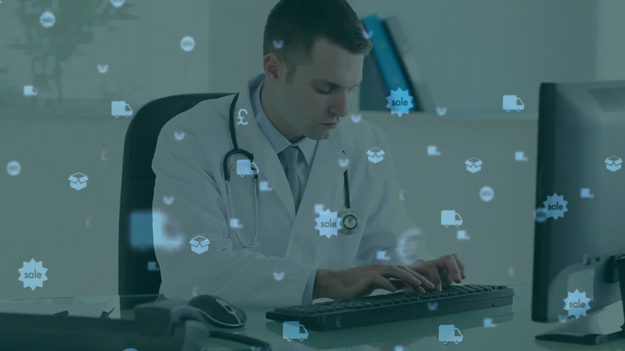 male doctor typing at desk in medical office, overlaying floating sale badges and delivery icons