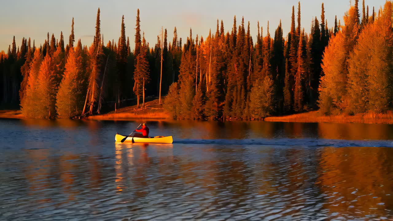 Canoeing on a Calm Lake at Sunset