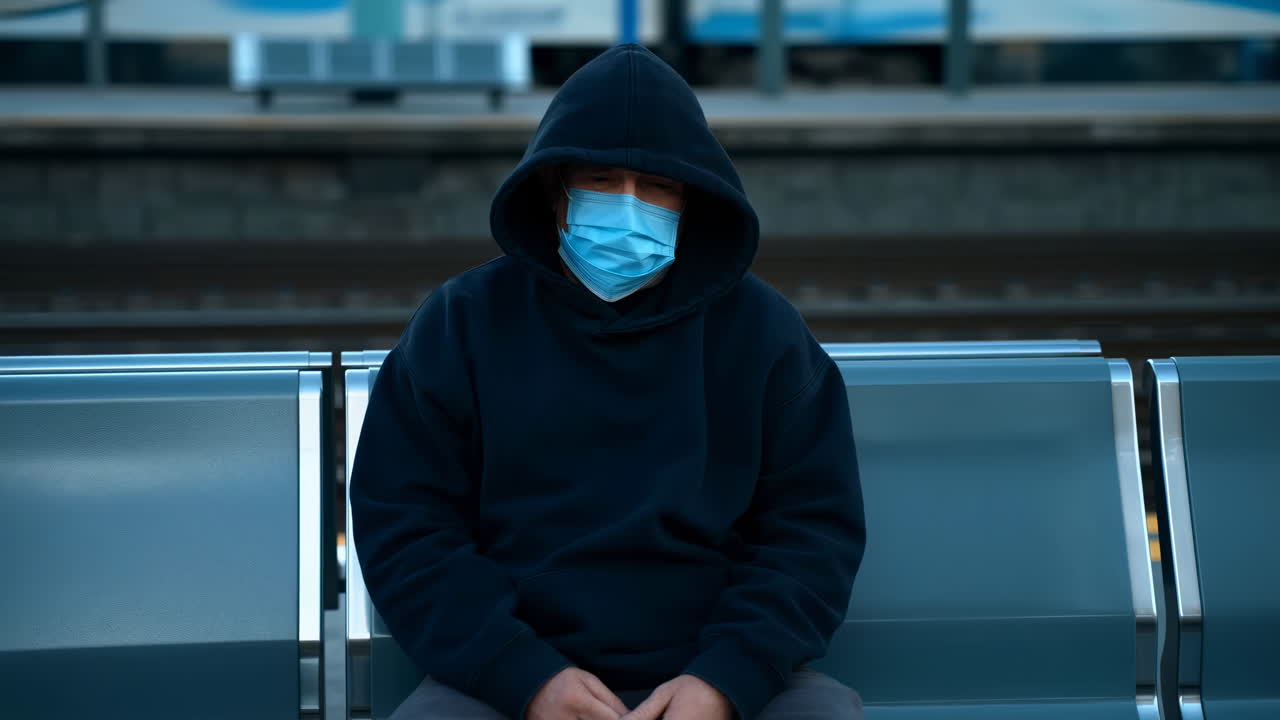 Man in Hoodie and Face Mask Sitting Alone at Train Station
