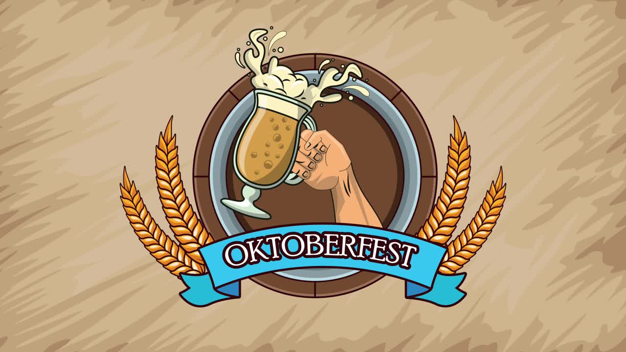 animación de celebración de oktoberfest feliz con la mano levantando la cerveza