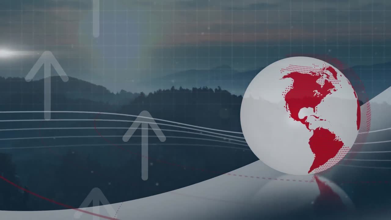 화살표의 애니메이션과 풍경 위에 지구를 가진 데이터 처리