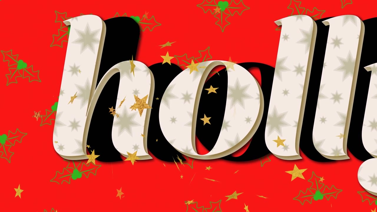 Animazione di stelle dorate sopra un banner di testo "Holly" su uno sfondo con più icone di vischio su sfondo rosso