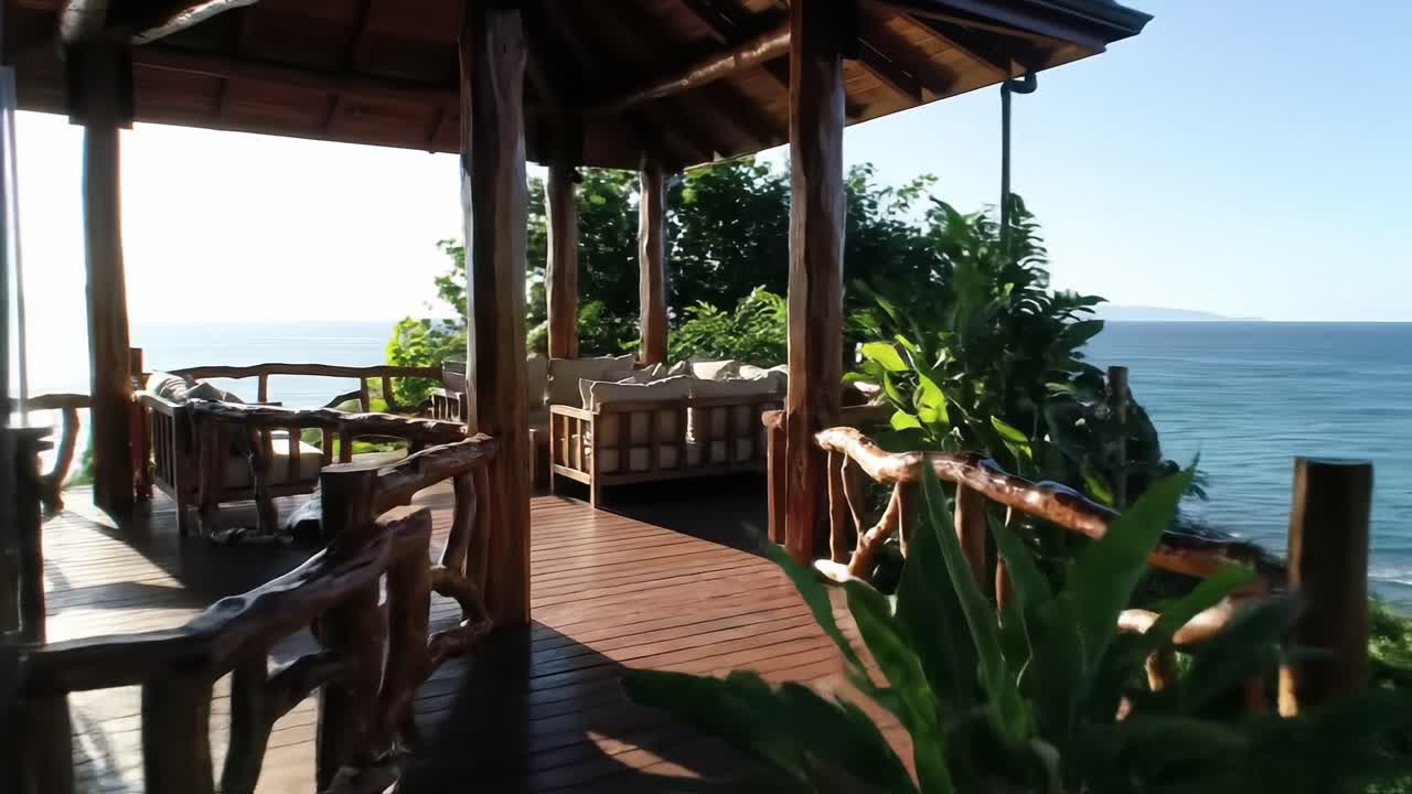 Relax on a beautifully designed deck surrounded by vibrant greenery and enjoy panoramic views of the ocean and coastline under a clear sky.