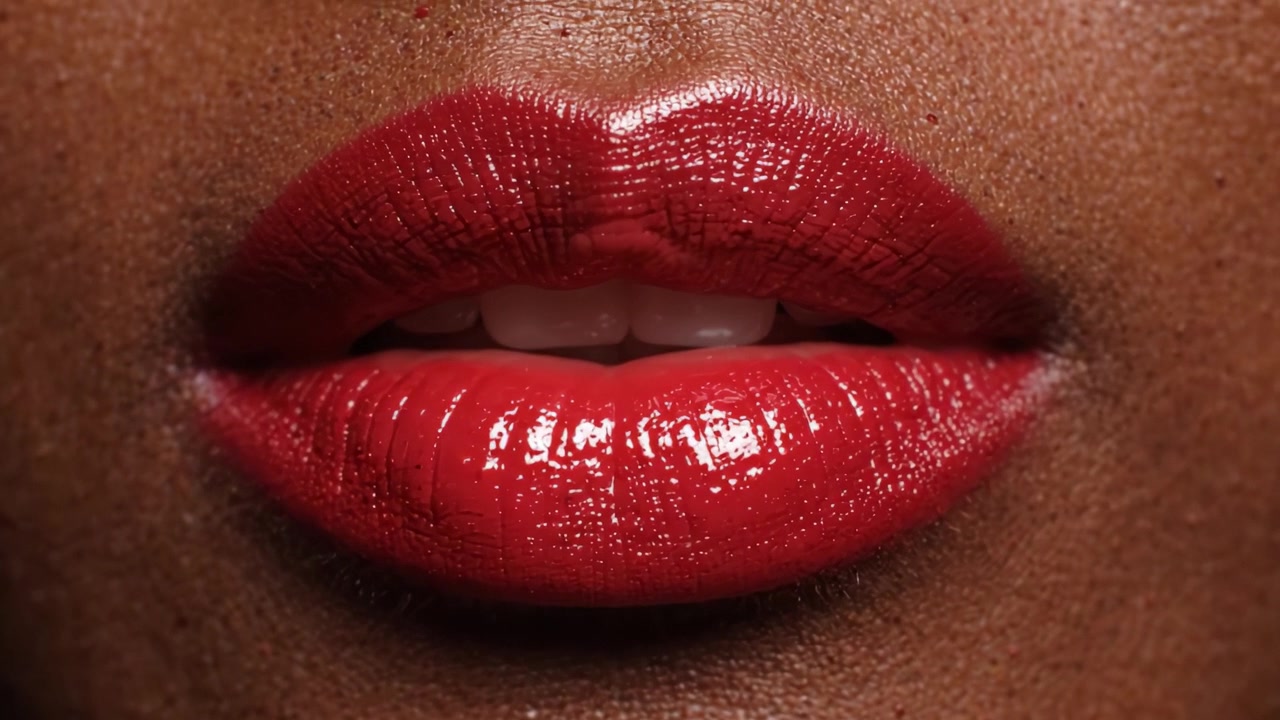 Close-Up Imagery Showcasing Glossy Red Lips with Subtle Details and Flawless Texture, Emphasizing Beauty and Vibrancy in Lip Makeup Artistry