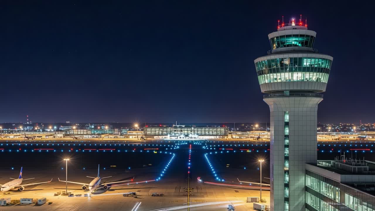 Nighttime View of an Airport Control Tower and Runway Showcasing Aircraft and Illuminated Pathways in a Vibrant Urban Landscape