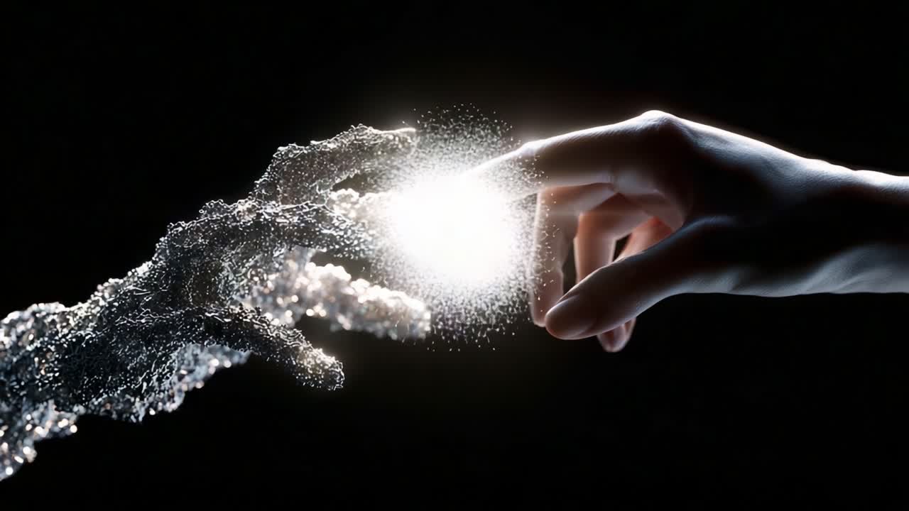 A captivating visual of a human hand reaching out to a shimmering, digital representation of a hand, embodying the connection between humanity and technology in a stunning interplay of light and texture