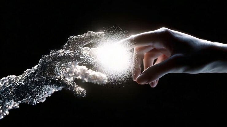 A captivating visual of a human hand reaching out to a shimmering, digital representation of a hand, embodying the connection between humanity and technology in a stunning interplay of light and texture