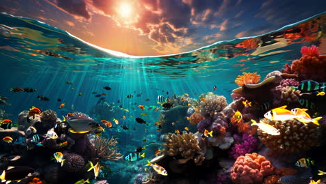 vibrant coral reef under sunlit waters at dusk