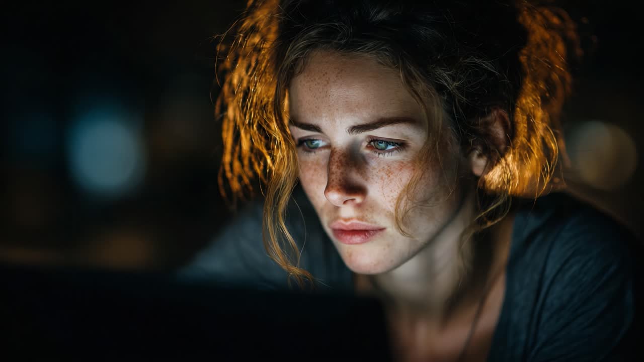 A Young Woman Deep in Thought as She Analyzes Data on Her Laptop, Illuminated by the Soft Glow of a Screen in a Dimly Lit Environment