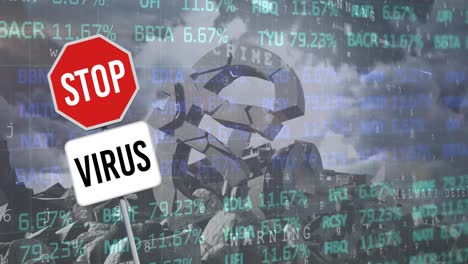 Animation-of-stop-virus-sign,-financial-statistics-and-crumbling-euro-currency-symbol