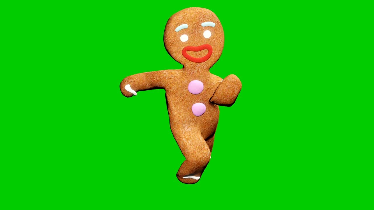 진저브레드맨은 크리스마스 댄스를 하고 있습니다. 축제의 개념, 녹색 화면 앞에 루프 애니메이션.