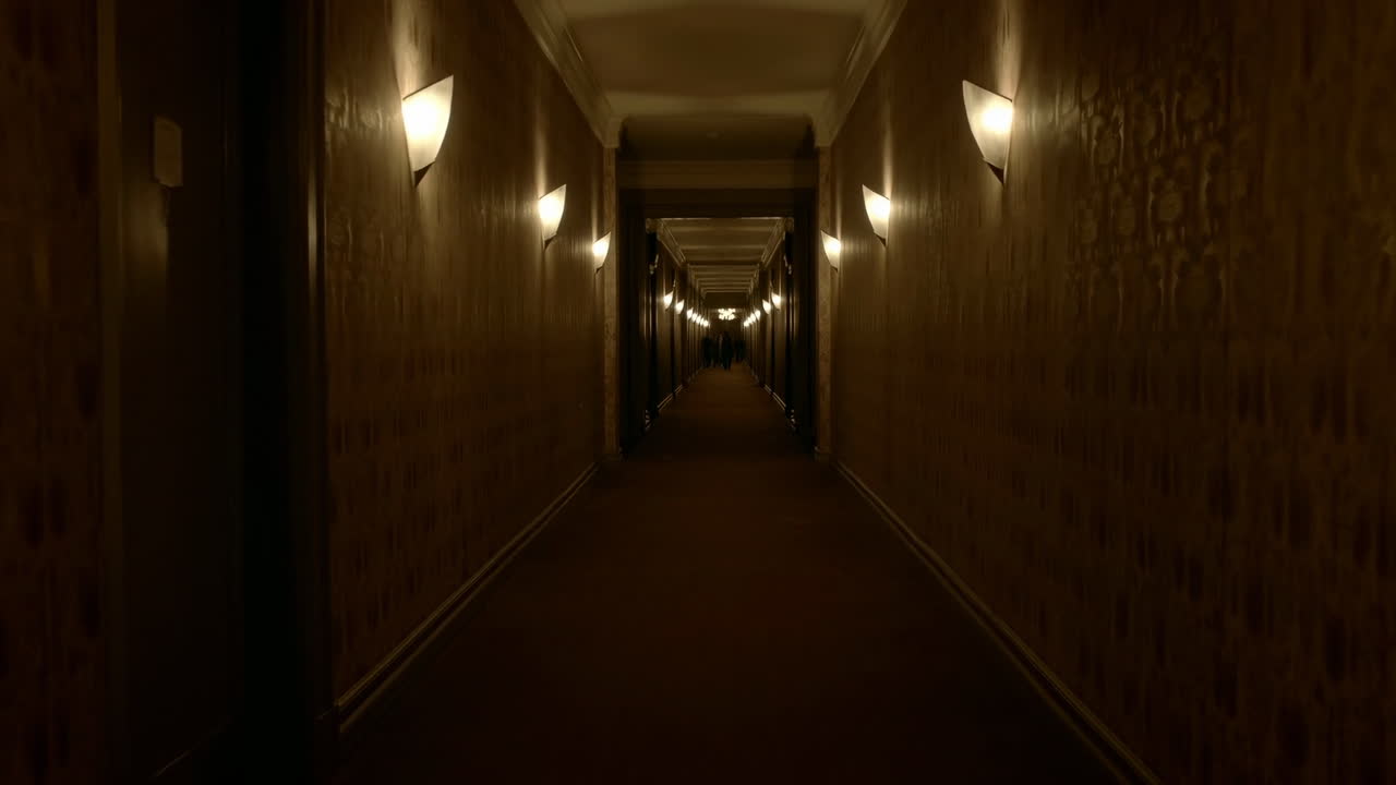 Corridoio d'hotel fiocamente illuminato con applique a muro, lunga prospettiva che svanisce e carta da parati a motivi, tappeto basso che assorbe.