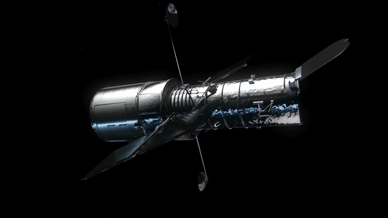 Animation depicting the Hubble Space Telescope against a backdrop of deep space.