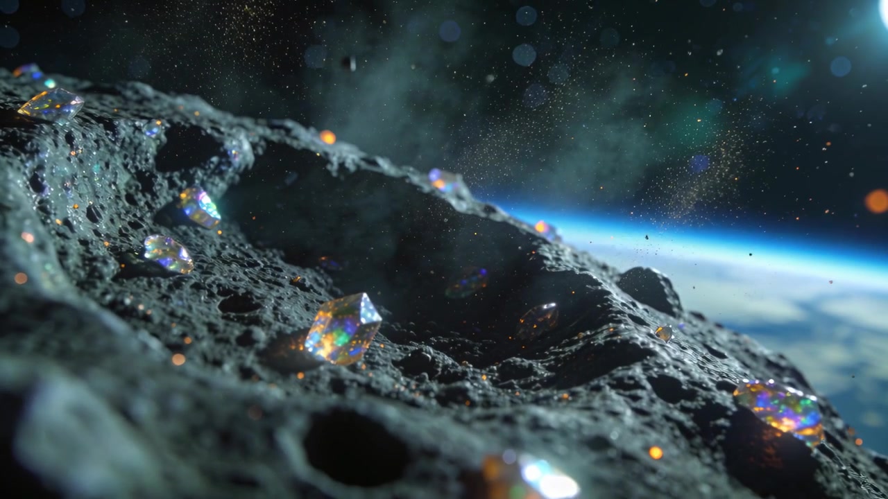 Sun catching gems causing camera tracking forward over pitted rock above Earth, revealing surface