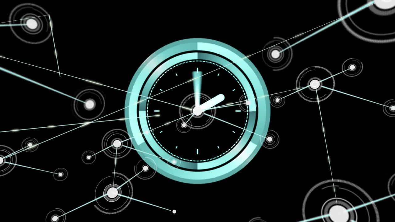 Animation of clock with rotating hands and network of connections on black background
