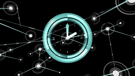 animación de reloj con agujas giratorias y red de conexiones en fondo negro