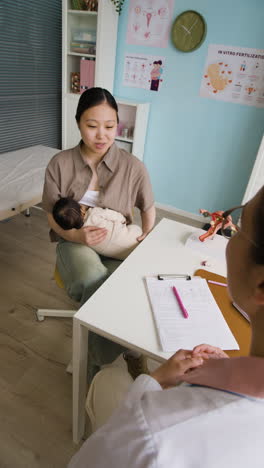mother breastfeeding baby at doctor's office