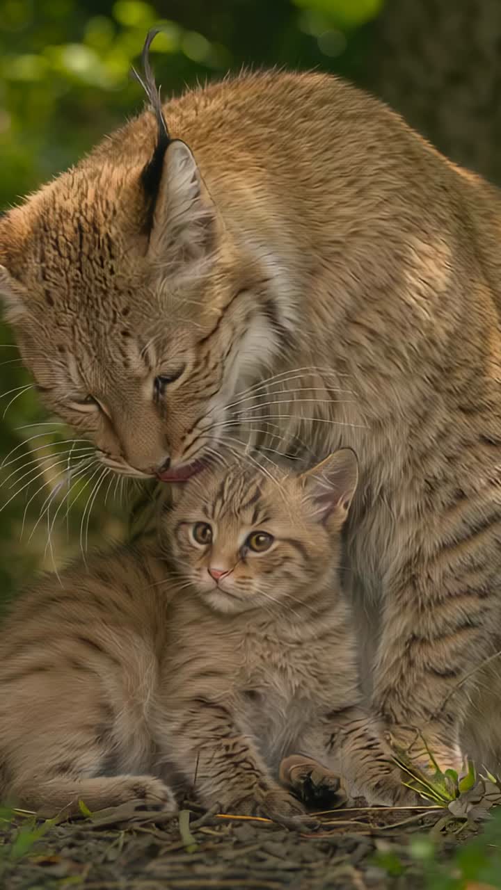 Video verticale: una lince madre che pulisce il suo cucciolo alla base di un albero, sollevando la testa per proteggerlo