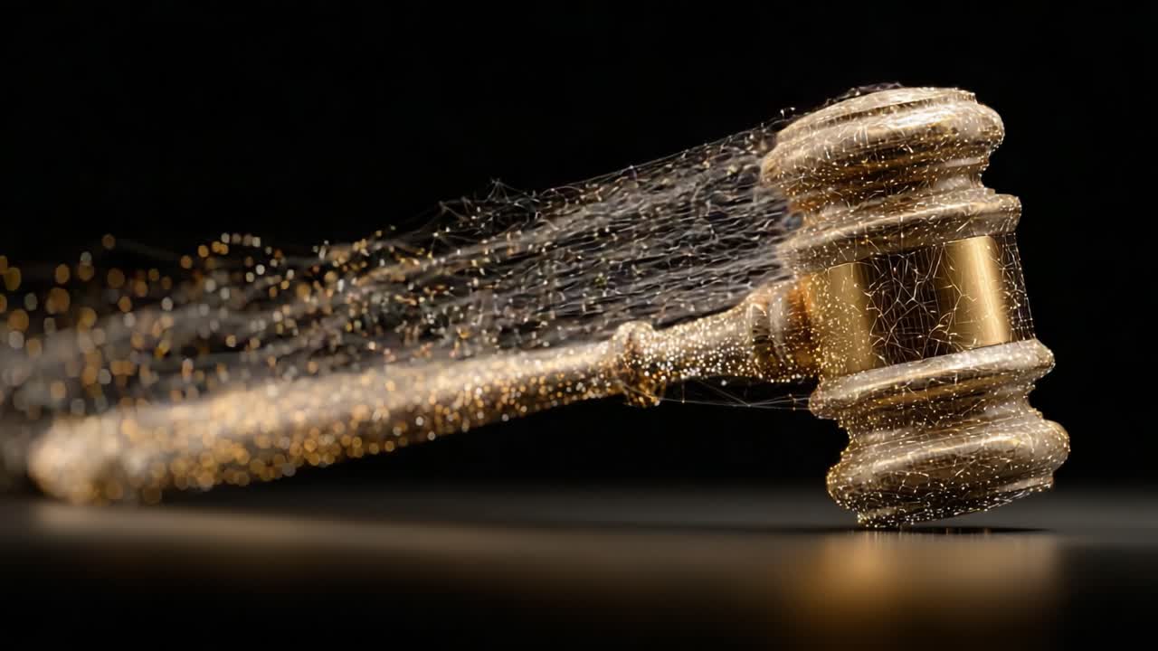 A striking visual of a gavel in motion, beautifully crafted with shimmering details, symbolizing justice, authority, and the swift nature of legal proceedings. A mesmerizing depiction