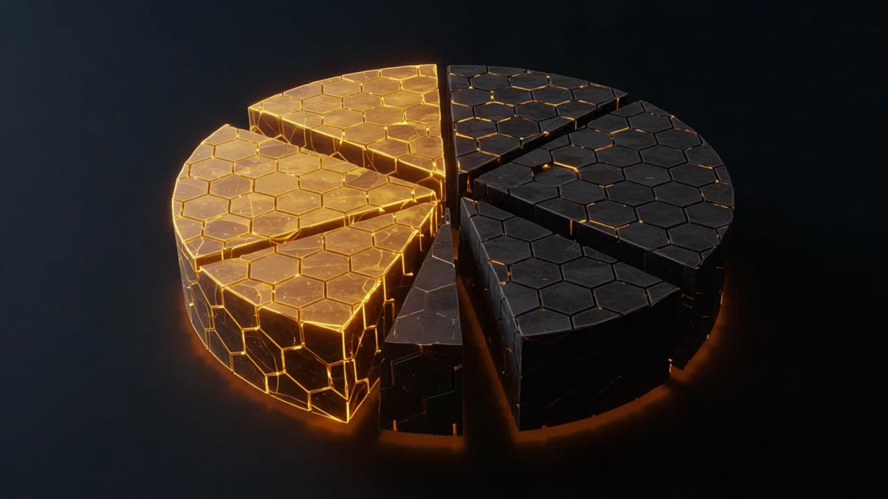 A Dynamic Visualization of a Hexagonal Pie Chart with Illuminated Segments Showcasing a Combination of Dark and Bright Textures in Modern Graphic Design