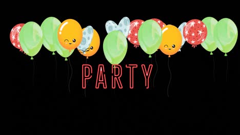 Animation-of-party-text-over-colorful-balloons-on-black-background