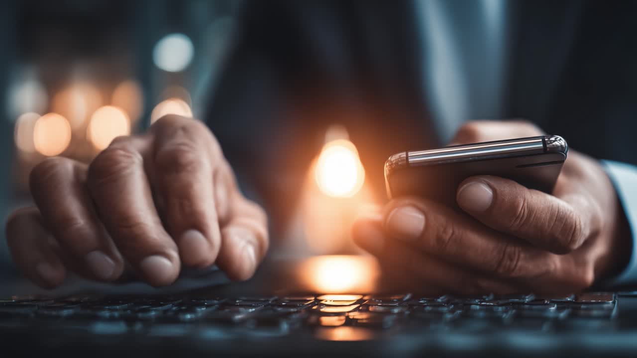 Close-up of a Person's Hands Skillfully Typing on a Keyboard While Using a Smartphone with a Soft Glow in the Background, Illustrating Modern Multitasking Skills