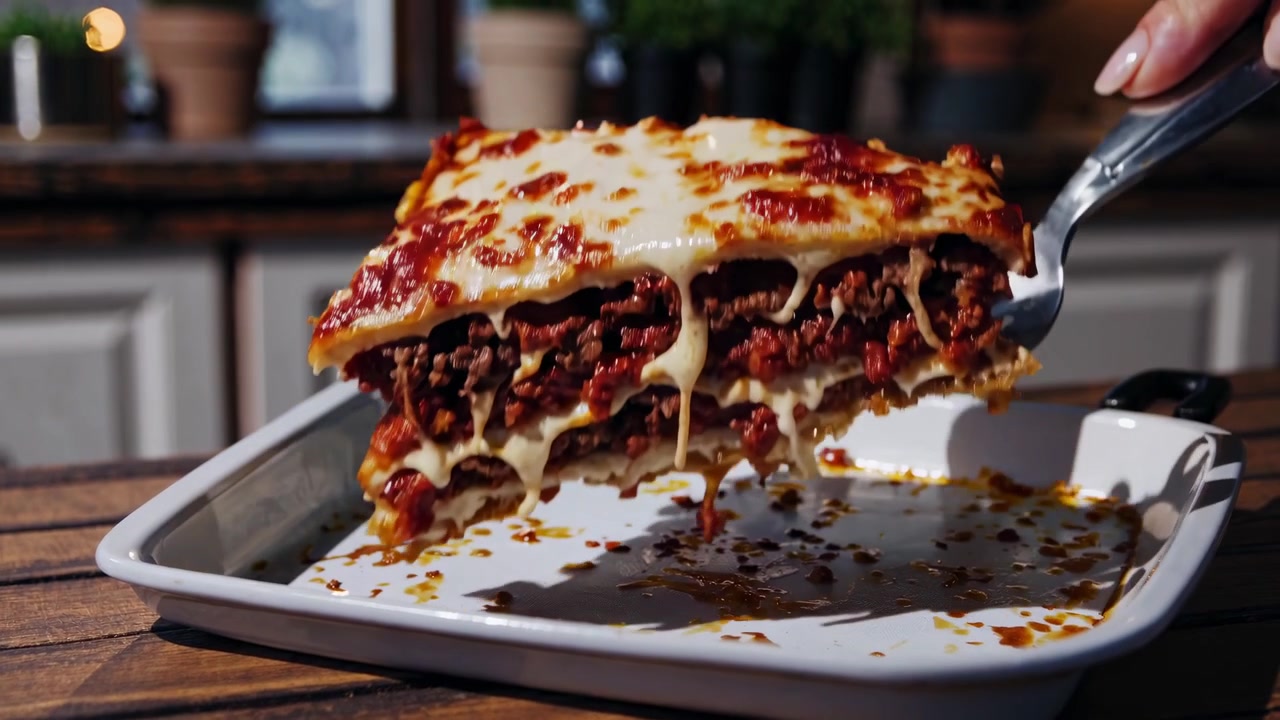 Mano che Serve una Fetta Filante di Lasagna da una Teglia da Forno