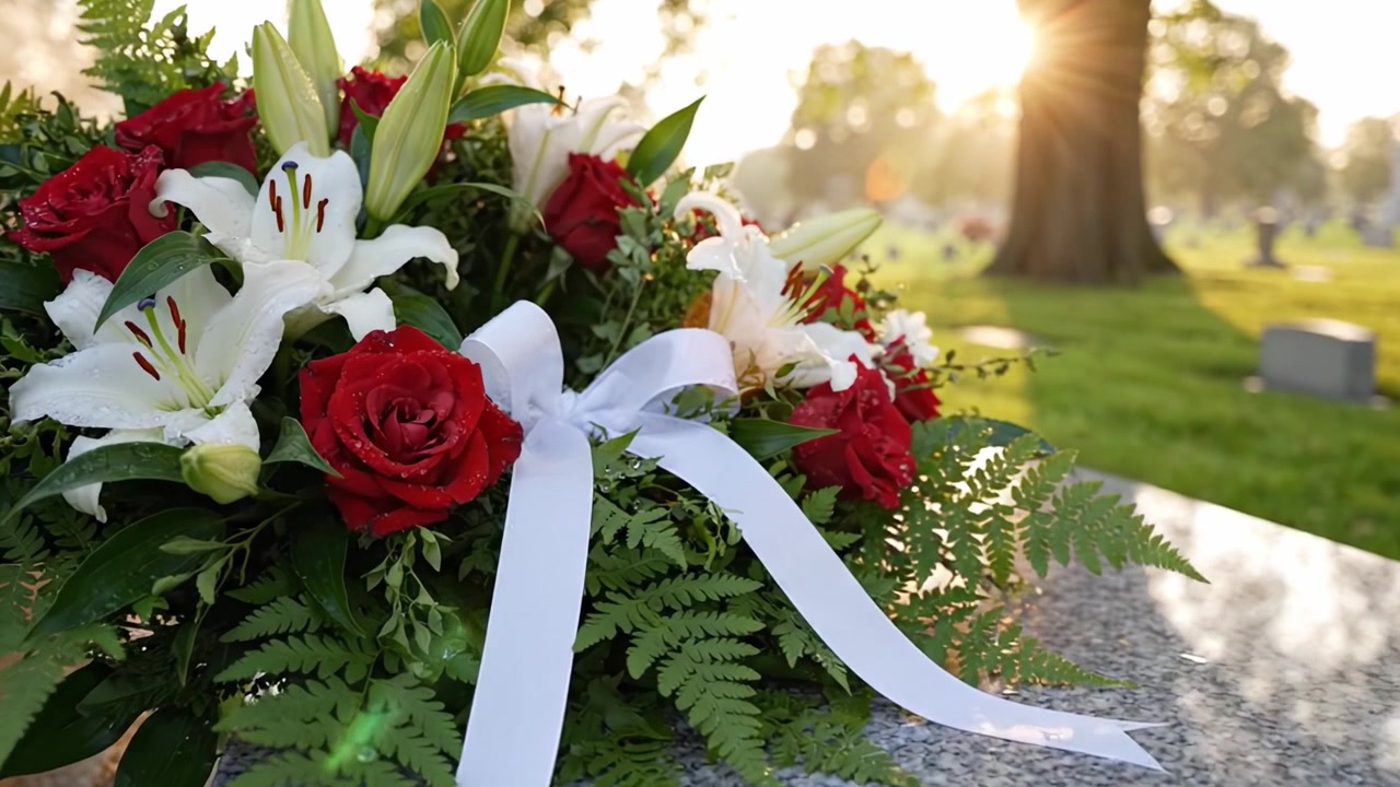 Un Bellissimo Omaggio Floreale con Rose Rosse e Gigli Bianchi su una Lapide, Catturato nella Morbida Luce dell'Alba in un Sereno Ambiente Cimiteriale