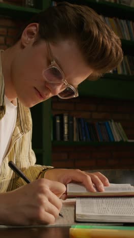 joven que estudia en una biblioteca doméstica