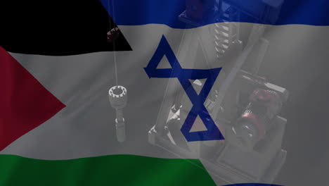 animation of oil rig over flag of israel and palestine